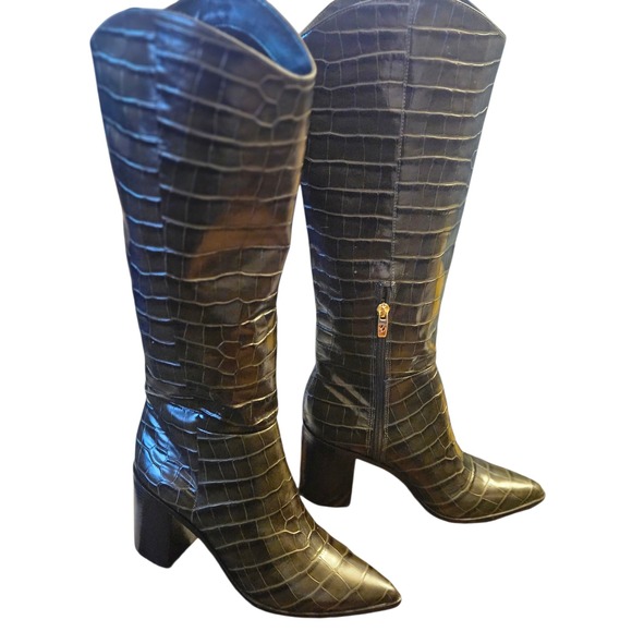 Womens Knee High Boots Pointed Toe Block Heel Croc Embossed Fashion Boots - Picture 1 of 6